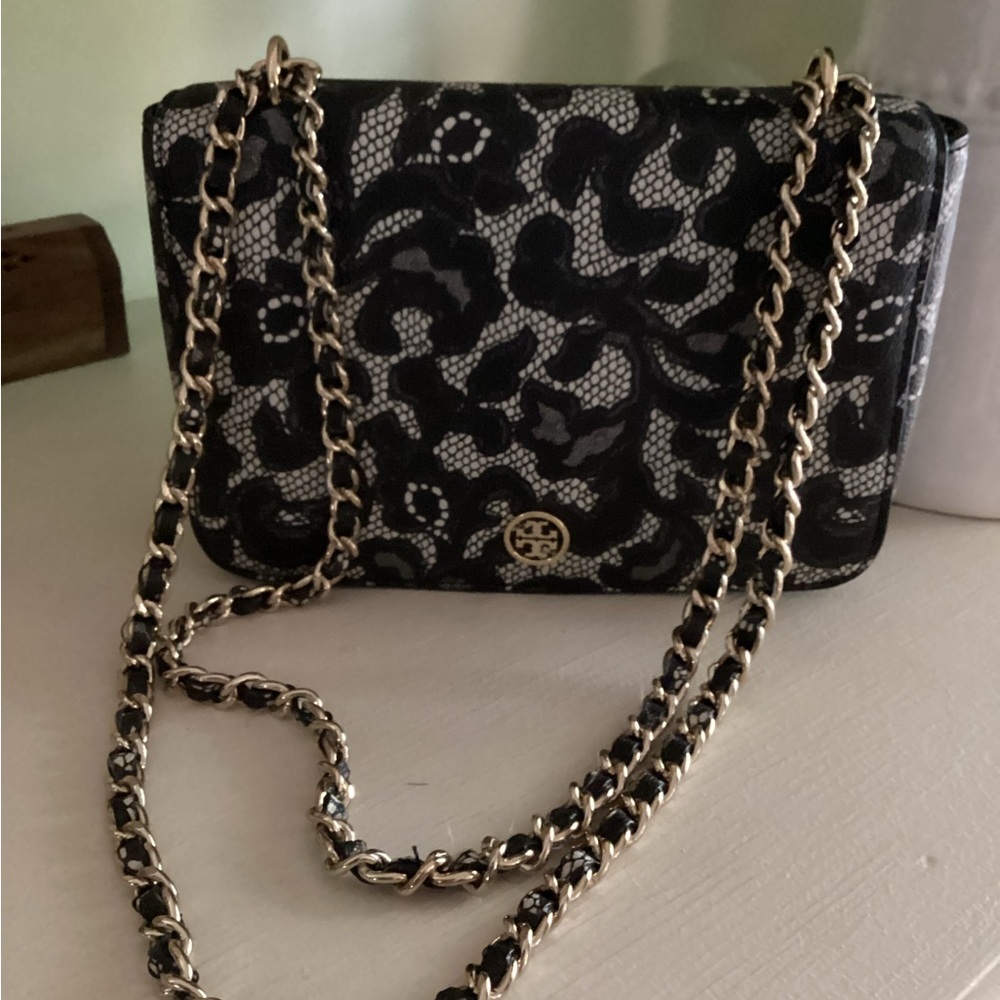 TORY BURCH Robinson Ferrara Lace Print Leather Shoulder / Crossbody Bag